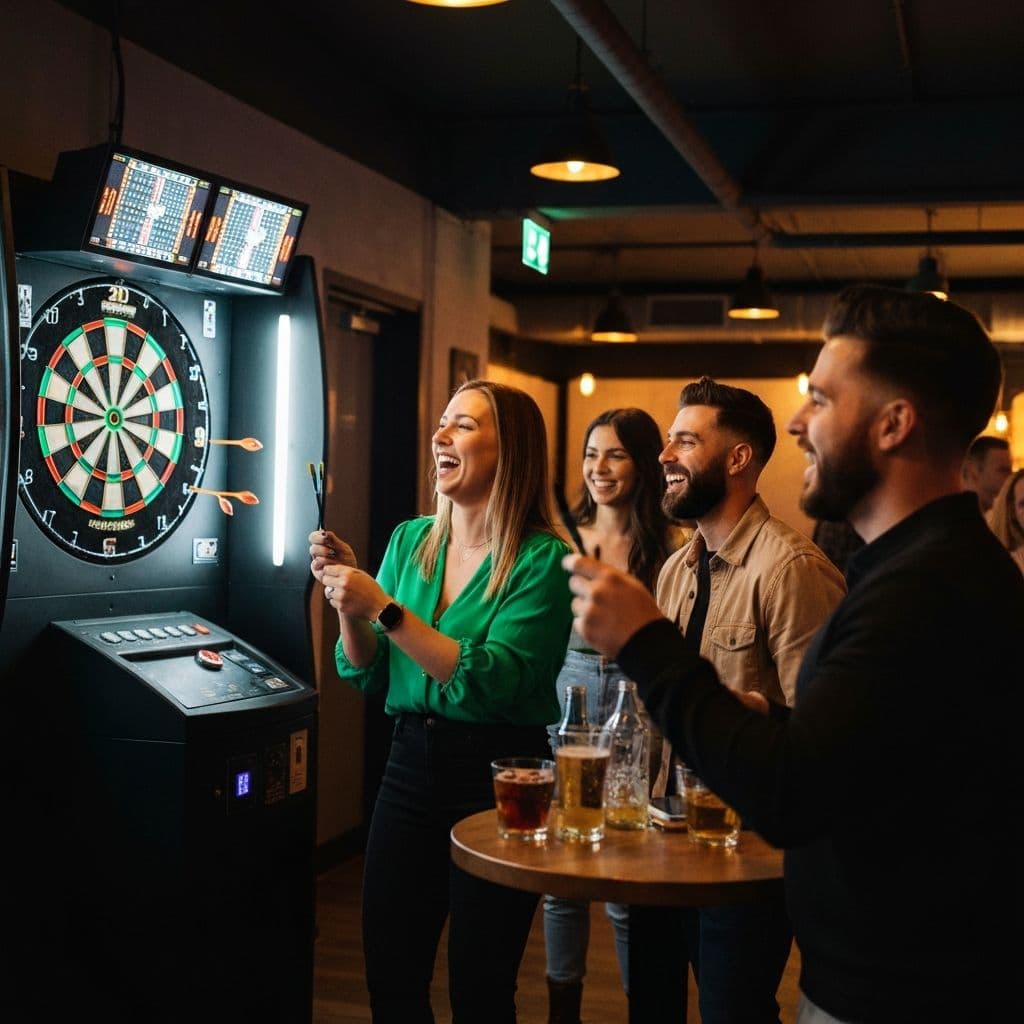 People playing darts at a modern social darts venue with ambient lighting